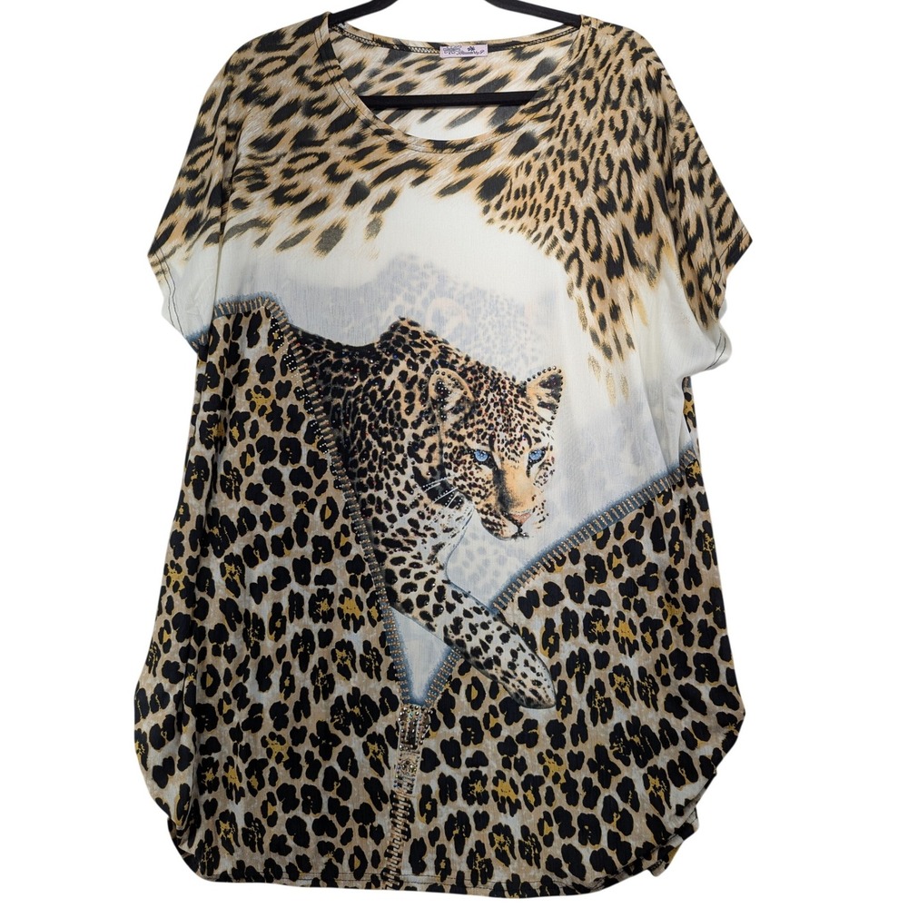 Blossom by P‎ Leopard Print Rhinestone Faux Zipper Oversized Tunic Top One XK